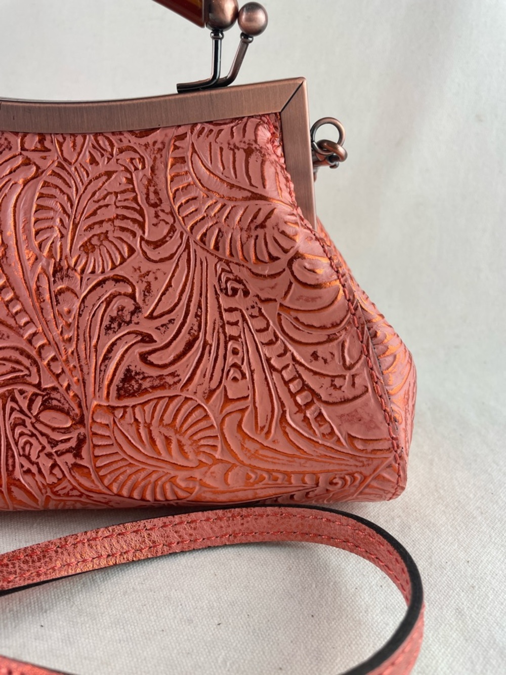 Patricia Nash Embossed Floral Leather Crossbody Bag in Coral - Picture 2 of 13
